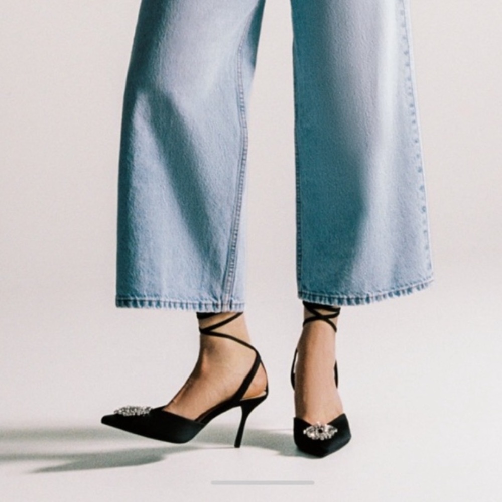 Zara Black Satin Pointed Slingback Heels with Crystal Brooch - Picture 3 of 16